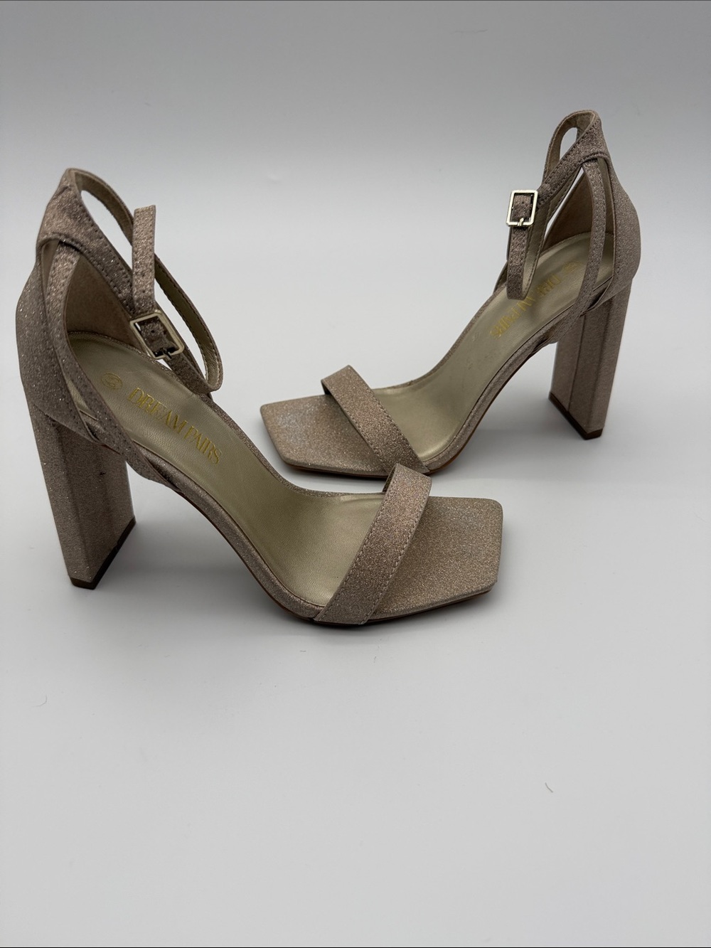 Light Gold Sparkle Open Toe ankle strap  Chunky High Heel Shoes Size 6.5